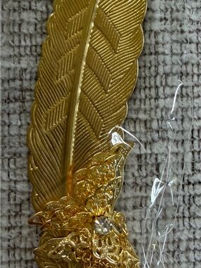 Gold Feather Bookmark with Decorative Blue Crystal Accent